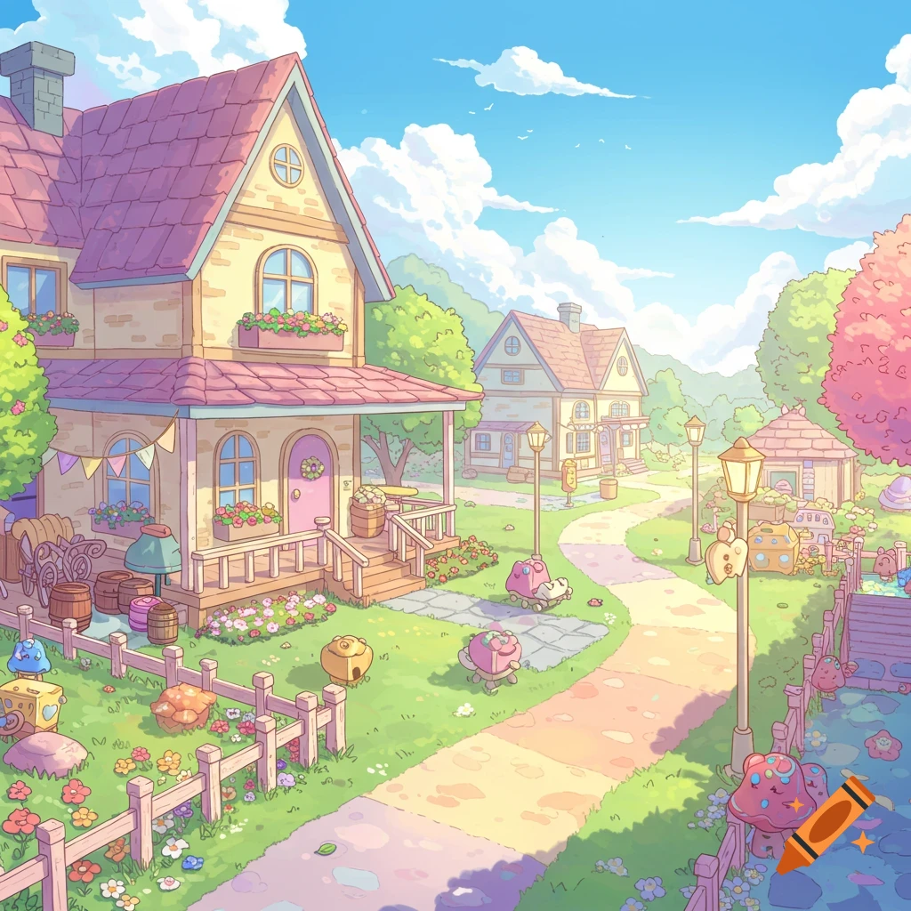 A colorful cartoon village street with houses, gardens, and cute, round creatures.