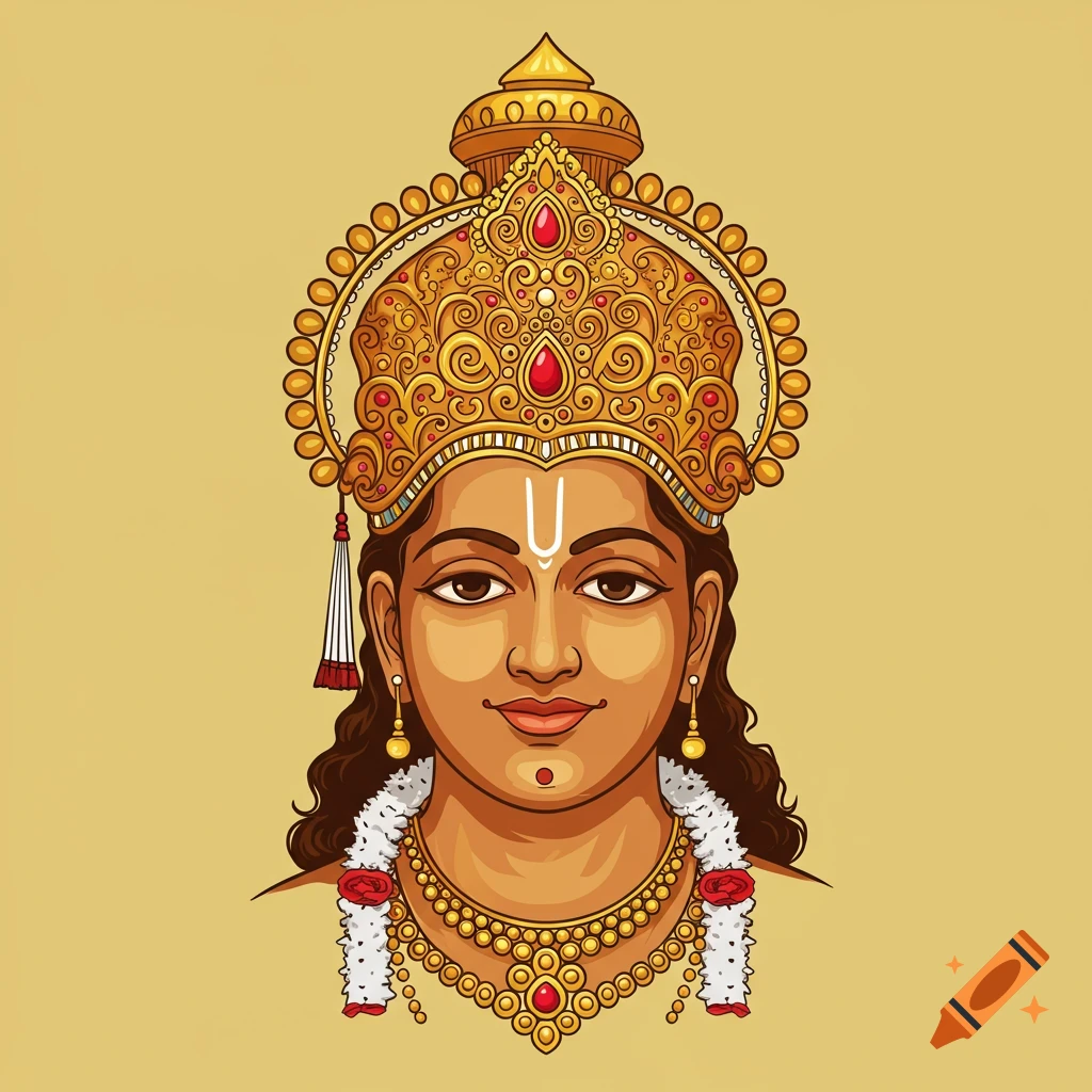 Illustration of a figure wearing a large golden crown, necklace, and flower garlands.