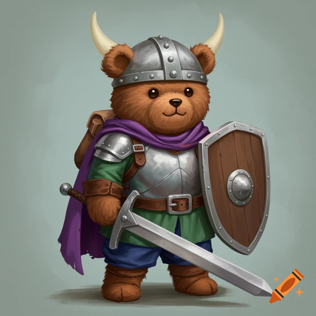 A cute teddy bear knight in armor and viking helmet, holding a sword and shield.