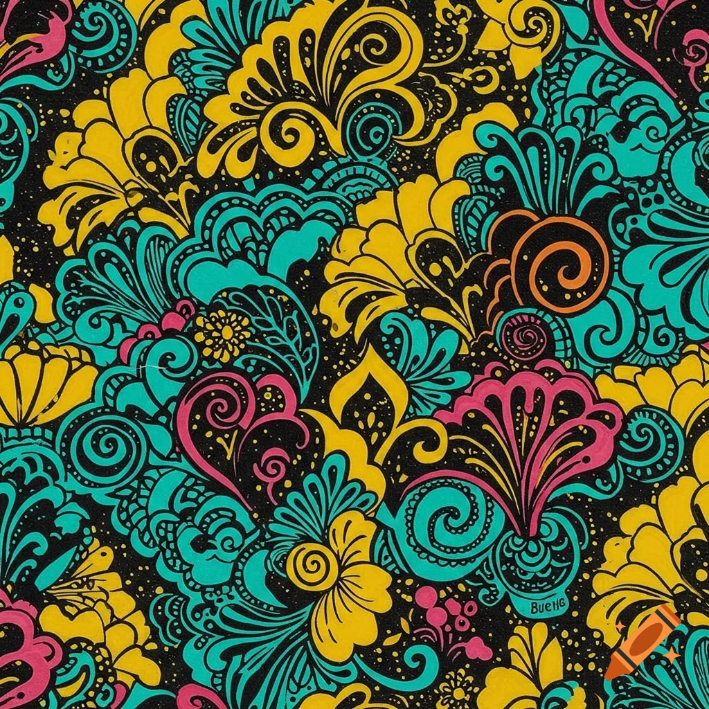 A vibrant, detailed floral pattern in black, yellow, turquoise, and pink.