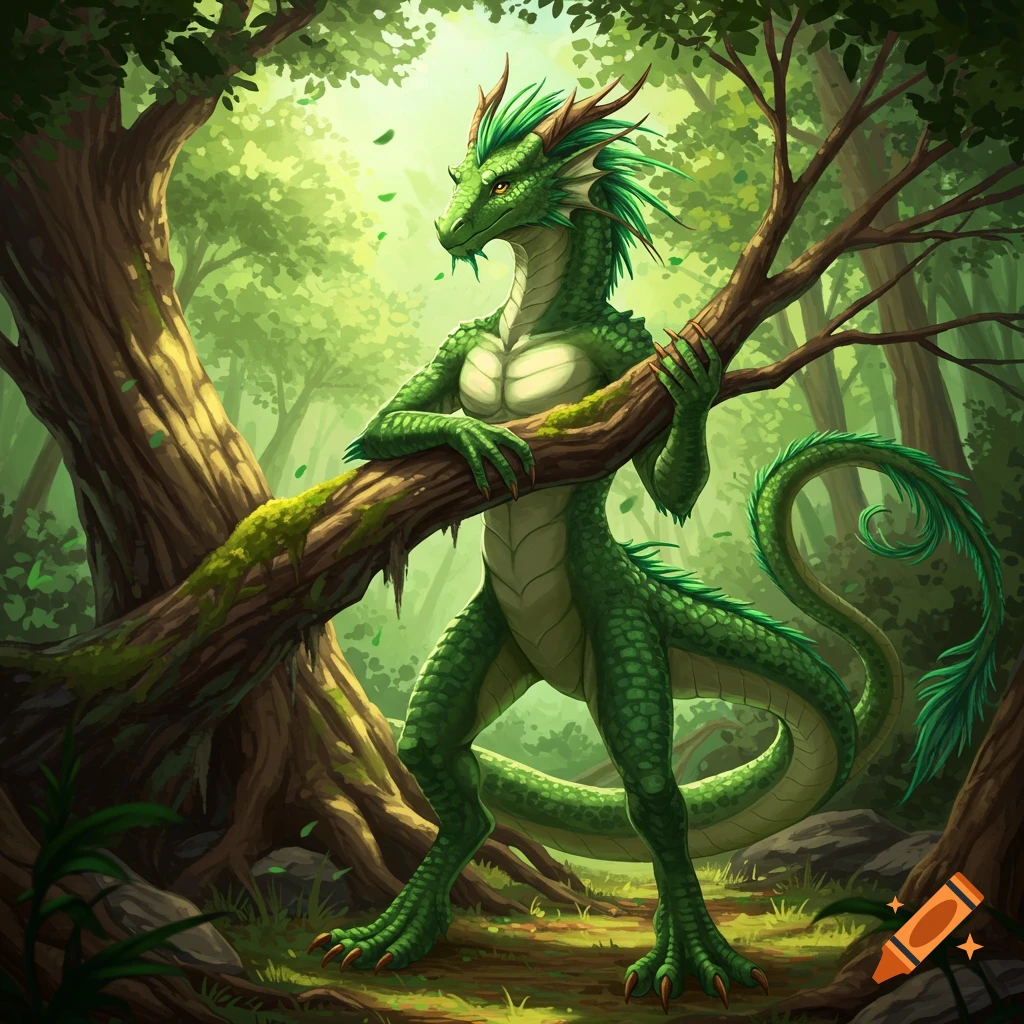 A green anthropomorphic dragon stands in a forest, holding a tree branch.