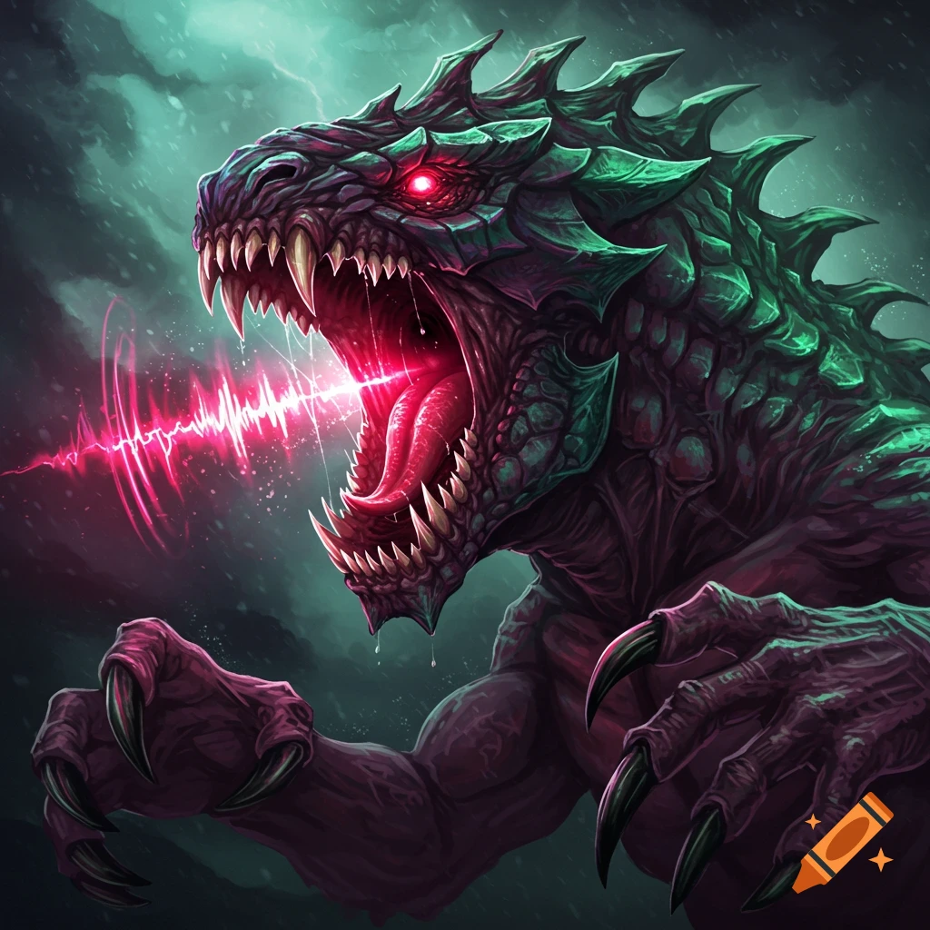 A screaming green and purple beast with red eyes and sharp teeth emits a pink energy beam from its mouth.