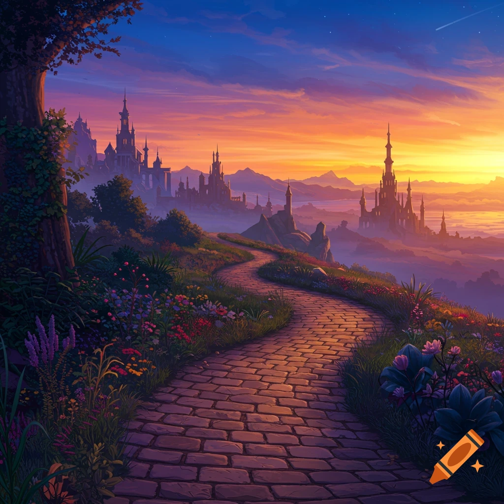 A winding brick path leads through a flower-covered hill towards a distant fantasy castle city under a vibrant sunset sky.