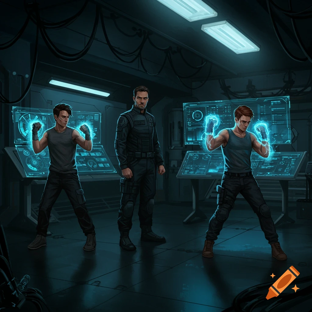 Three men, two with glowing fists, in a dark, futuristic training room with glowing blue screens and cables.