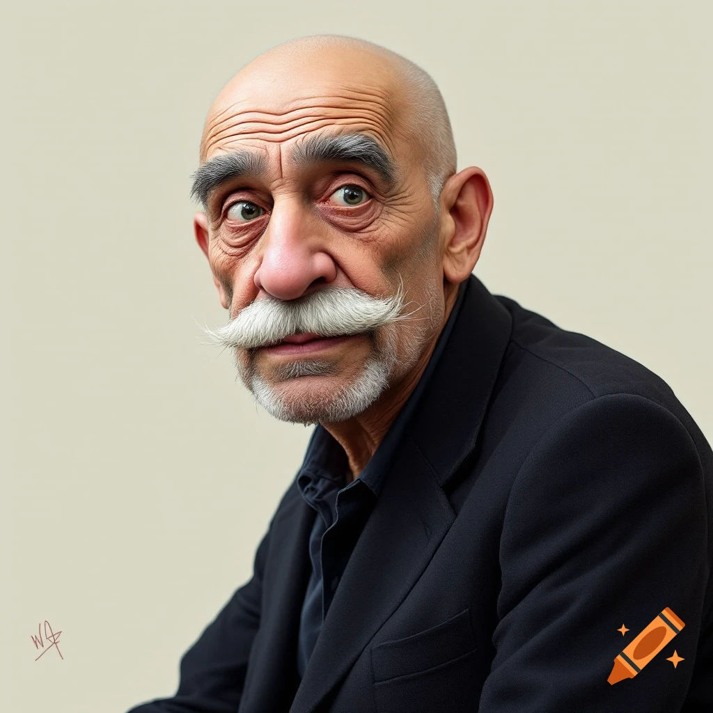 Caricature portrait of a bald old man with a white mustache wearing a suit.