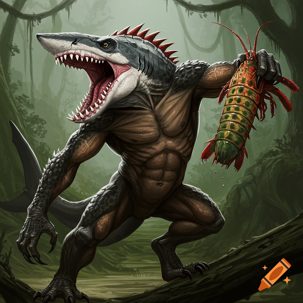 A monstrous hybrid creature with a shark head, reptilian body, and claws holds a giant mantis shrimp in a jungle.