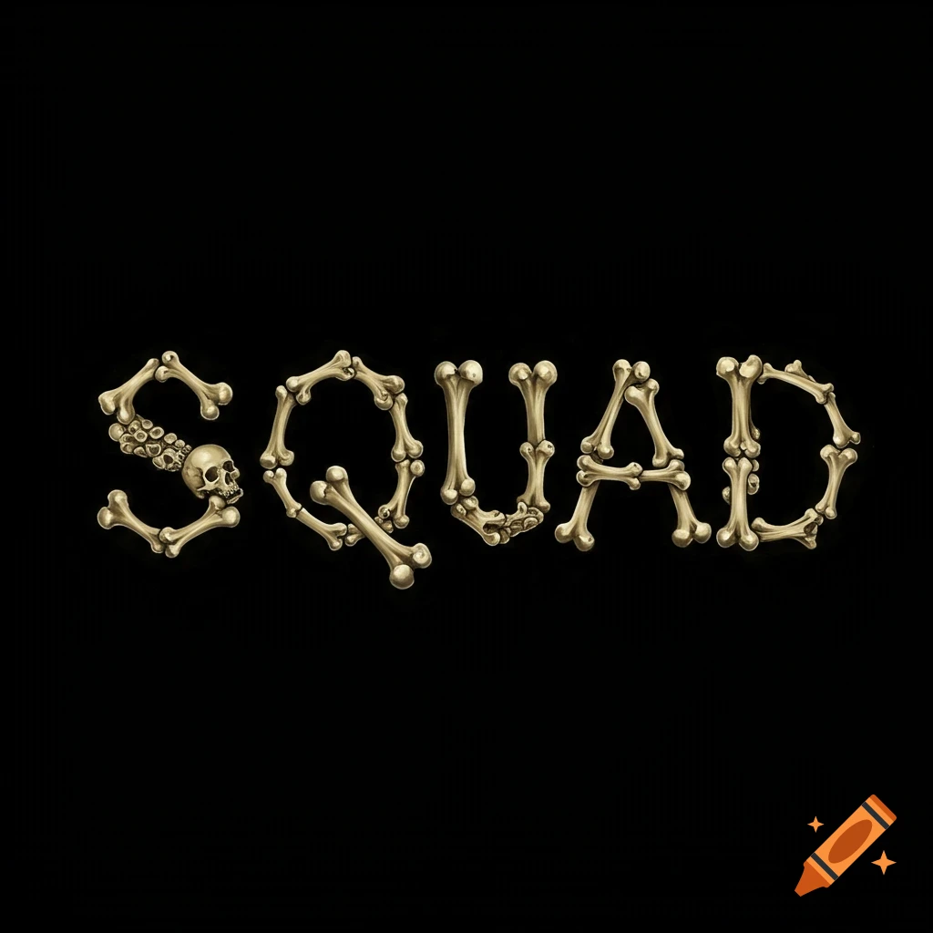 The word SQUAD formed by bones on a black background.