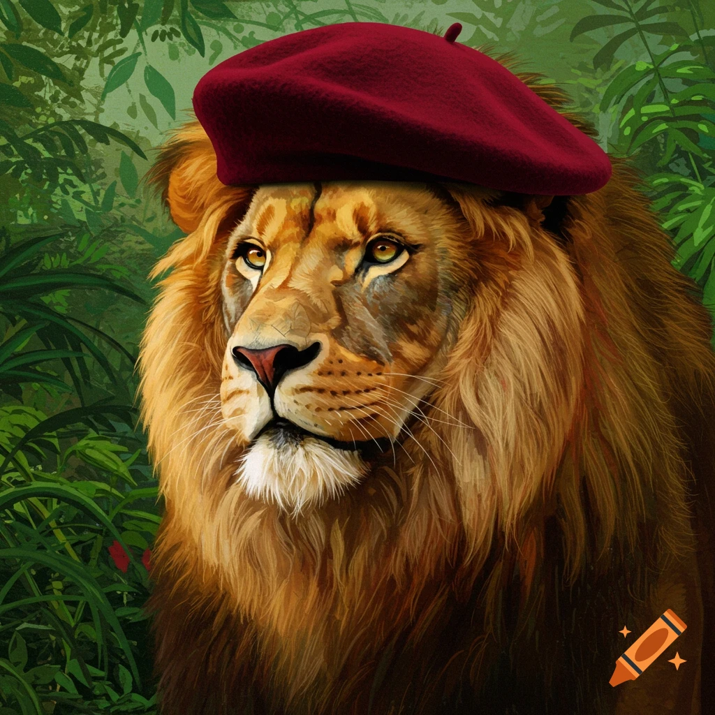 A regal lion wears a red beret in a lush jungle setting.