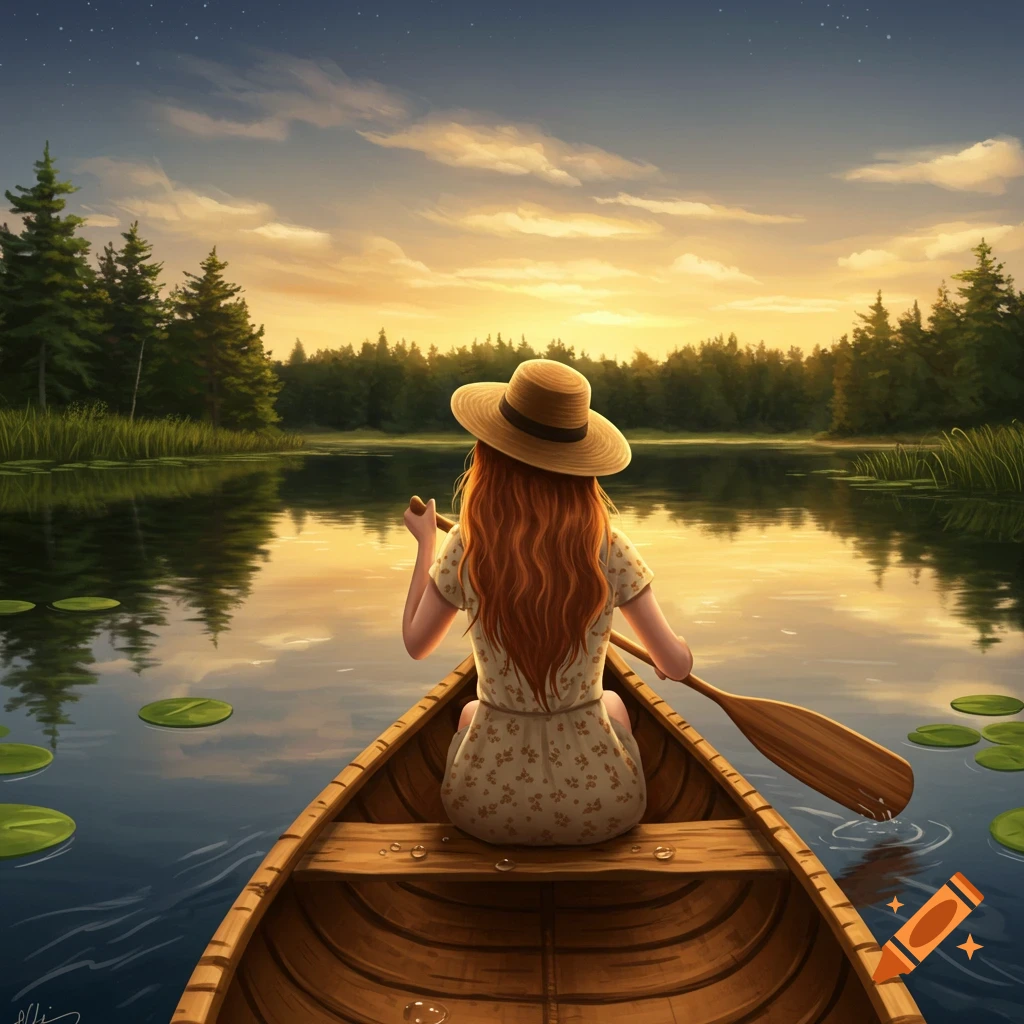 Illustration of a woman in a straw hat canoeing on a lake at sunset