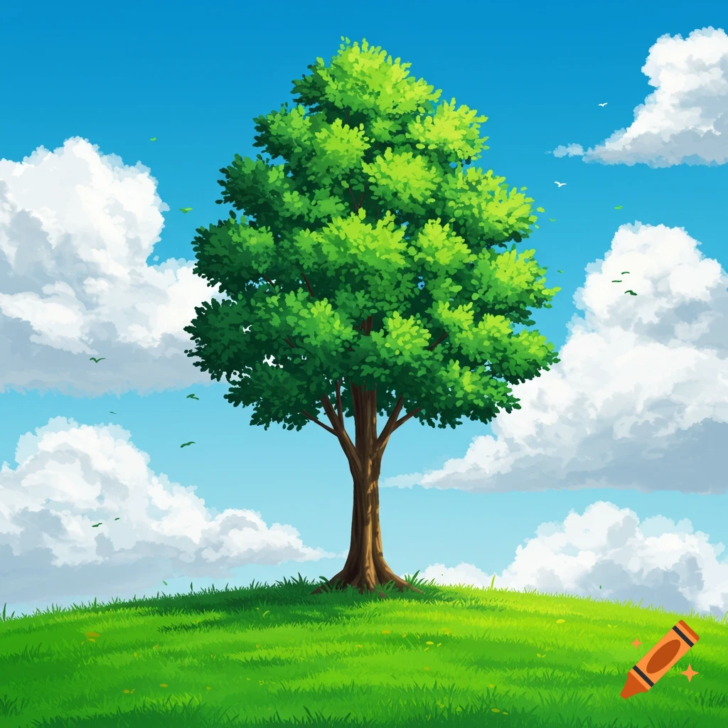 A stylized illustration of a large tree on a green hill under a blue sky with puffy clouds.