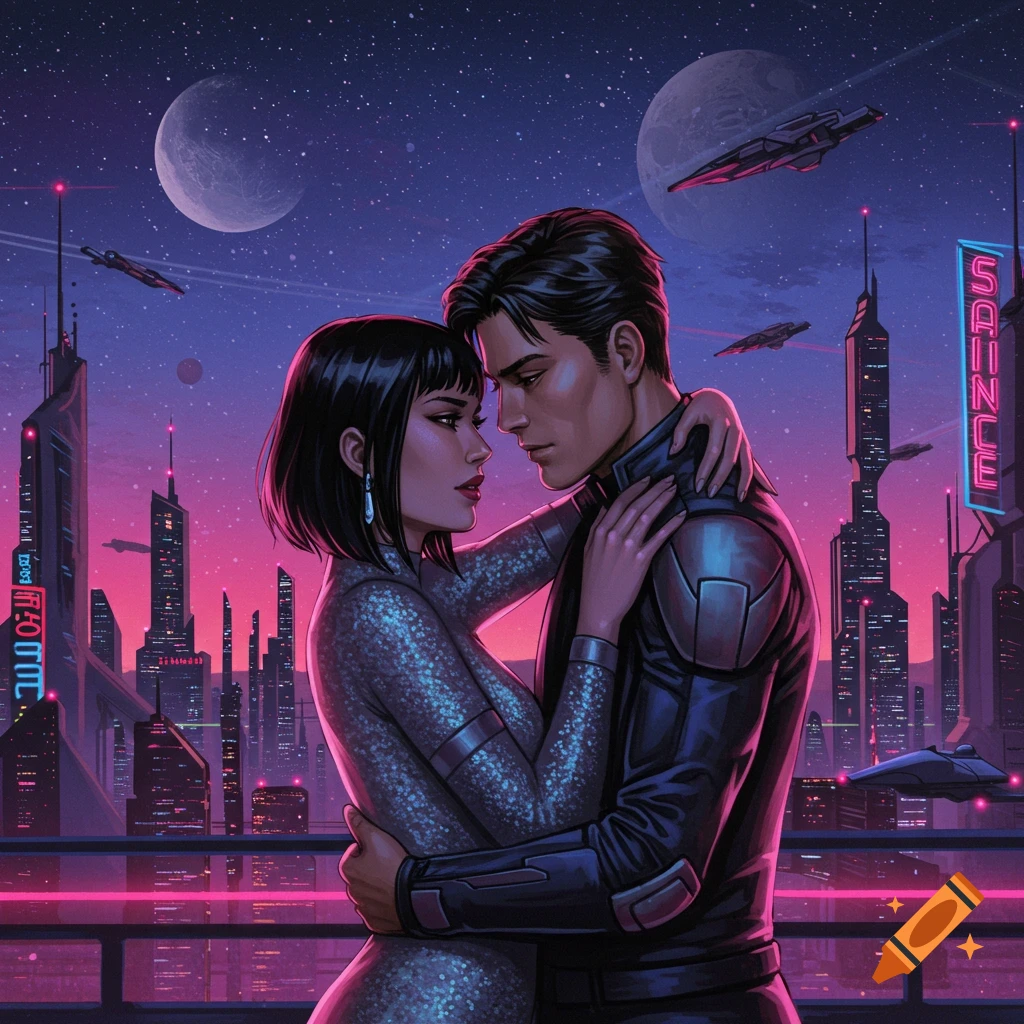 A couple embraces on a balcony overlooking a futuristic city skyline with neon signs, spaceships flying, and planets in the starry sky.