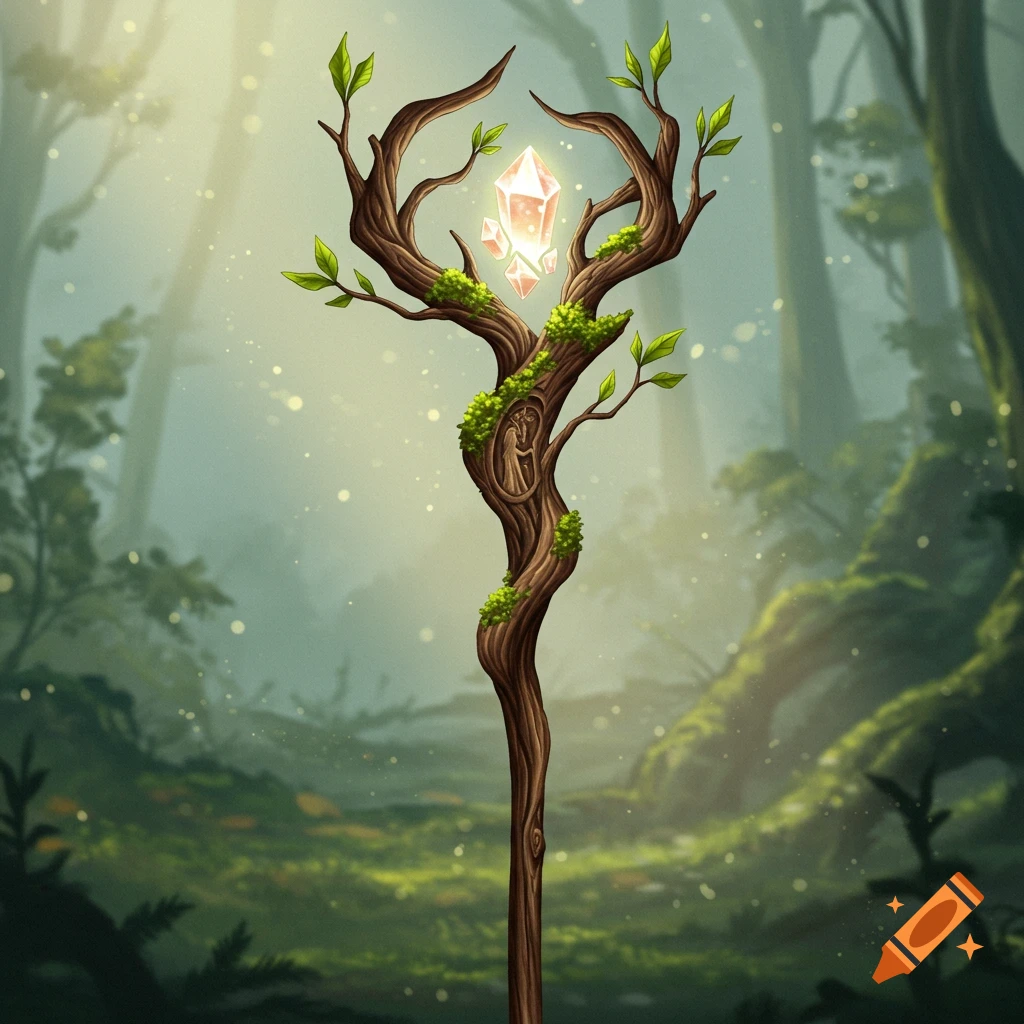 A fantasy staff made of a twisted tree branch with leaves, moss, and a glowing crystal, set in a misty forest.