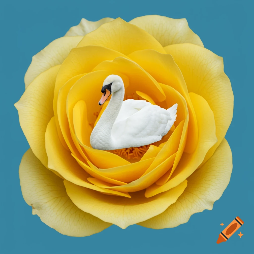 A white swan rests inside a yellow rose on a blue background.