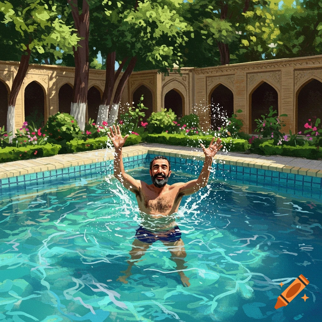 A man splashes water while smiling in a pool surrounded by gardens and arched structures.