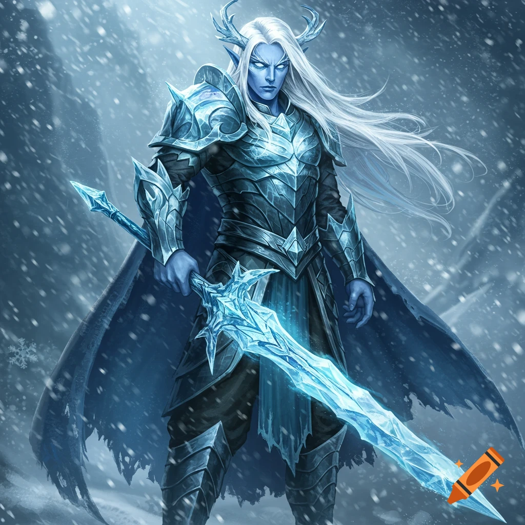 Fantasy warrior in ice armor holding a glowing ice sword in a snowstorm.