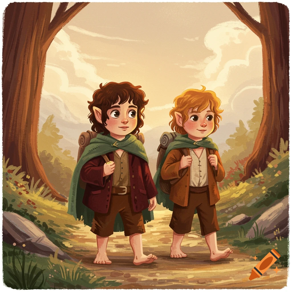 Illustration of two hobbits with backpacks walking on a path through a forest.