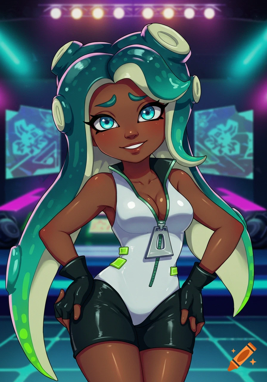 An anime-style drawing of Marina from Splatoon smiling and posing on a stage.
