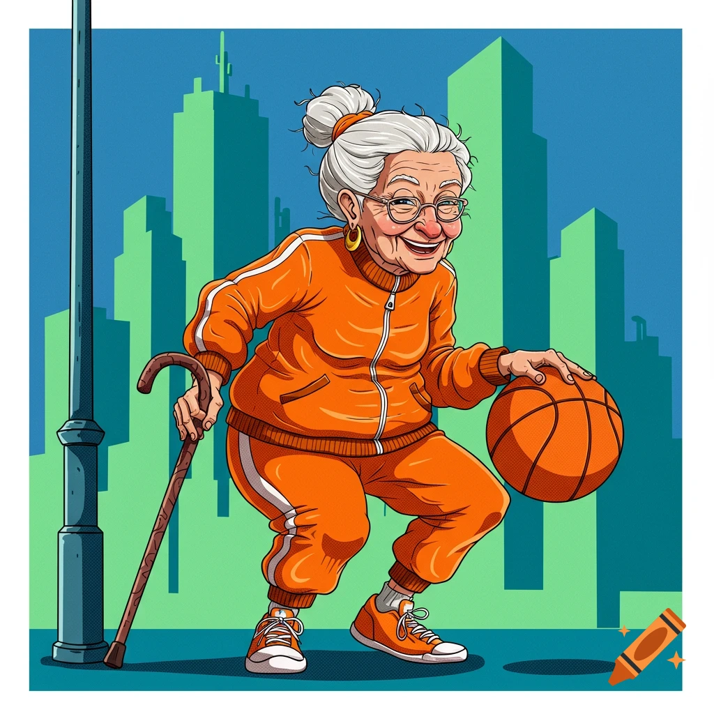 Cartoon illustration of an old woman in an orange tracksuit dribbling a basketball and holding a cane with city buildings behind her.