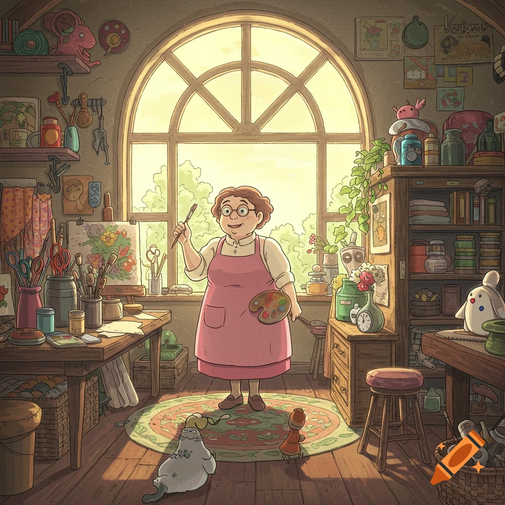 An old woman holds a paintbrush and palette in a cluttered art studio in Ghibli style.
