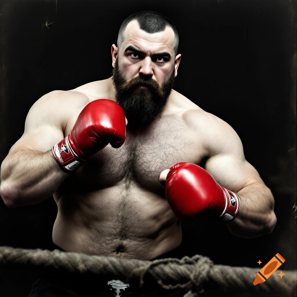 Muscular man with beard and red boxing gloves in a ring, looking intense.