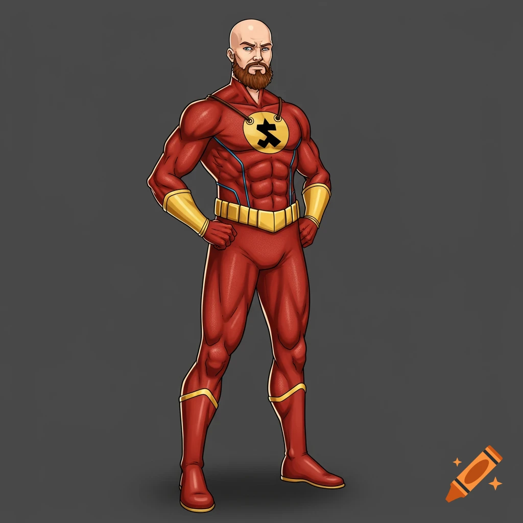 Cartoon illustration of a bald, bearded man in a red superhero suit with gold trim and a chest symbol