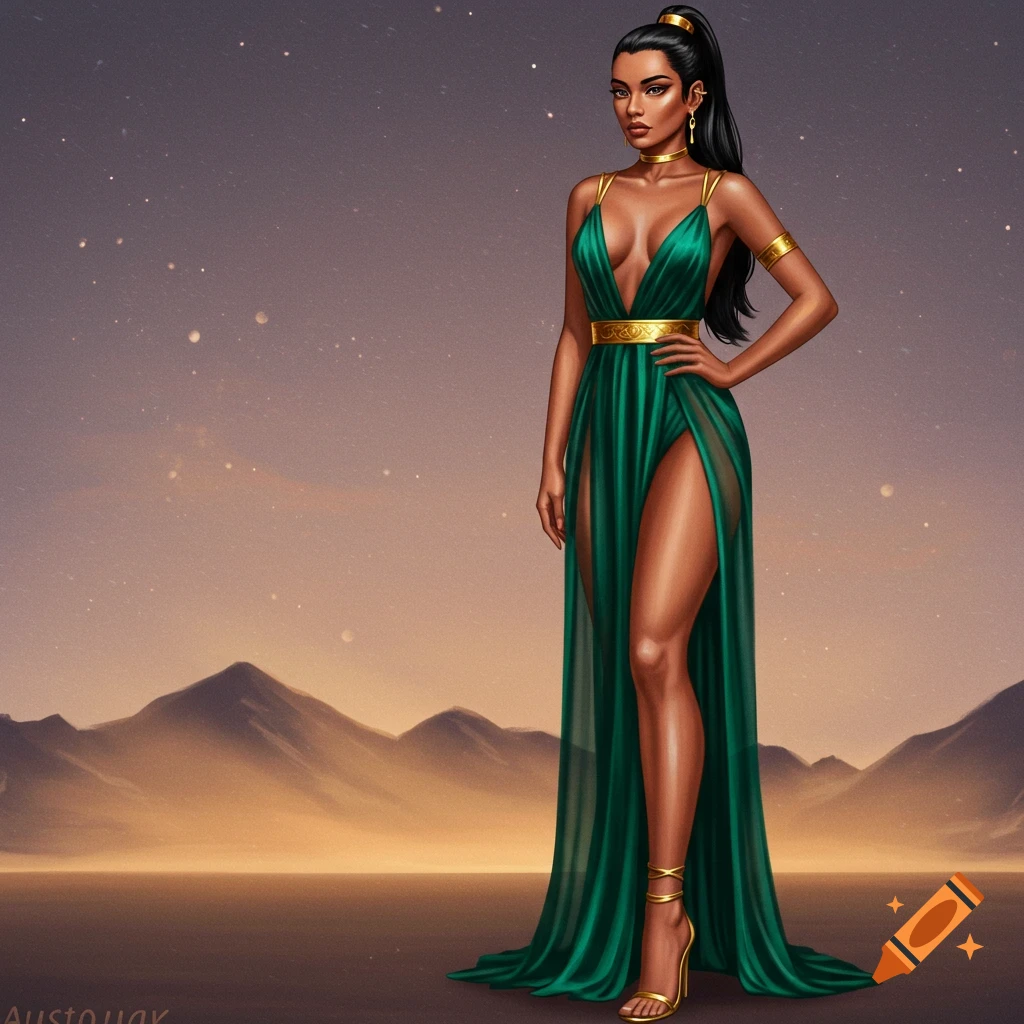 Illustration of a woman in a green and gold fantasy dress standing in a desert landscape.