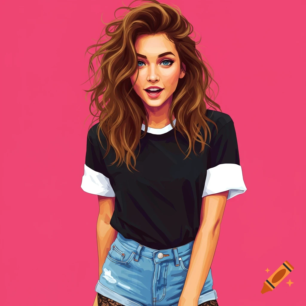 Stylized illustration of a woman in a black shirt, denim shorts, and lace leggings against a pink background.
