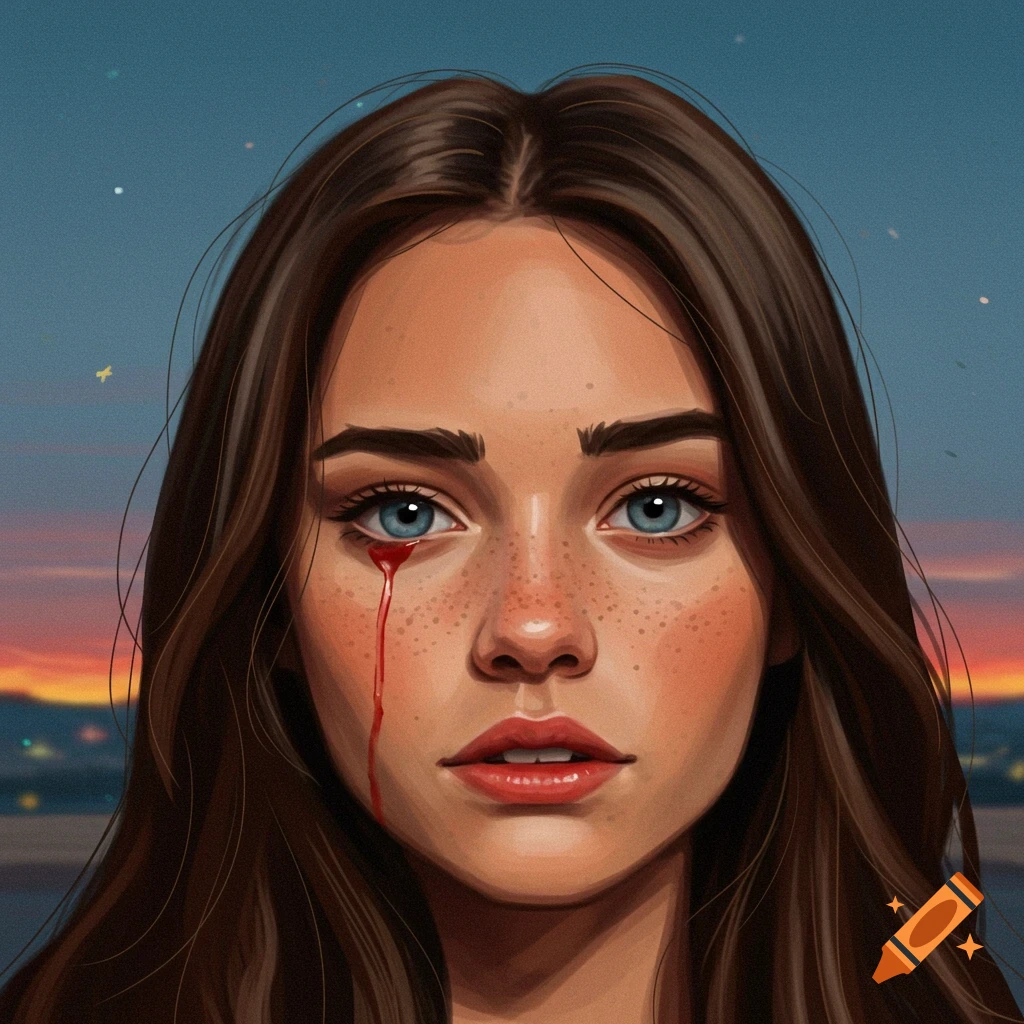 Digital portrait of a woman crying a tear of blood against a sunset sky.