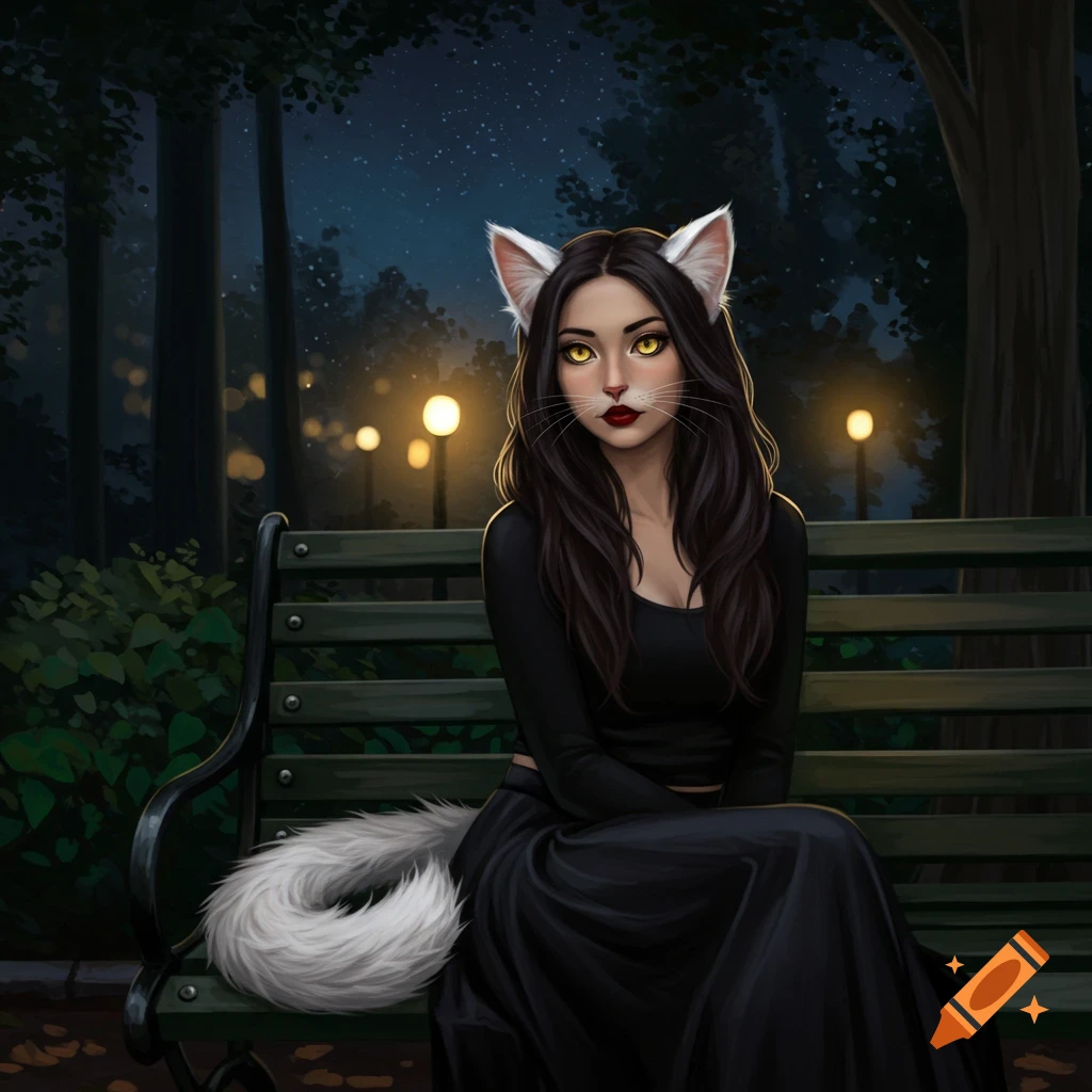 An illustration of a young woman with cat ears, eyes, and tail sitting on a park bench at night.