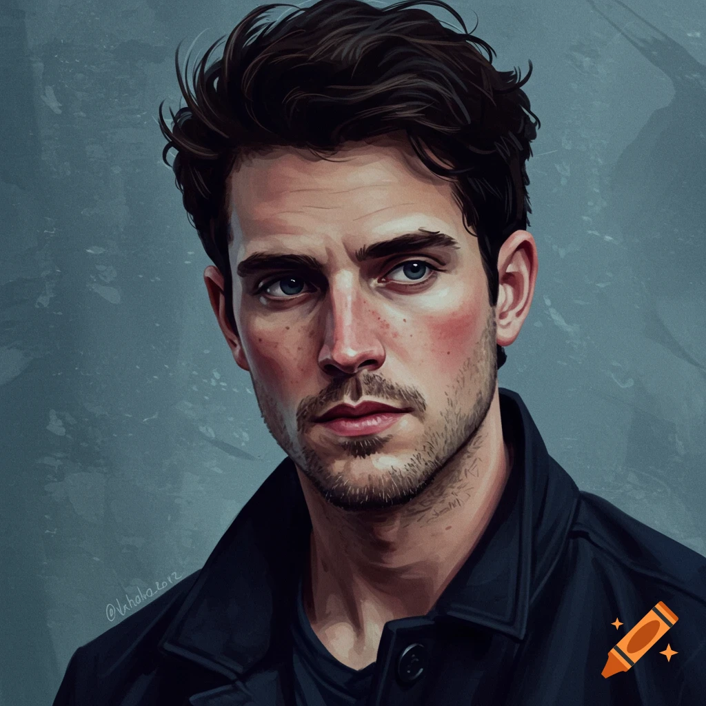 Illustrative portrait of a man with dark hair, stubble, and blue eyes wearing a dark jacket.