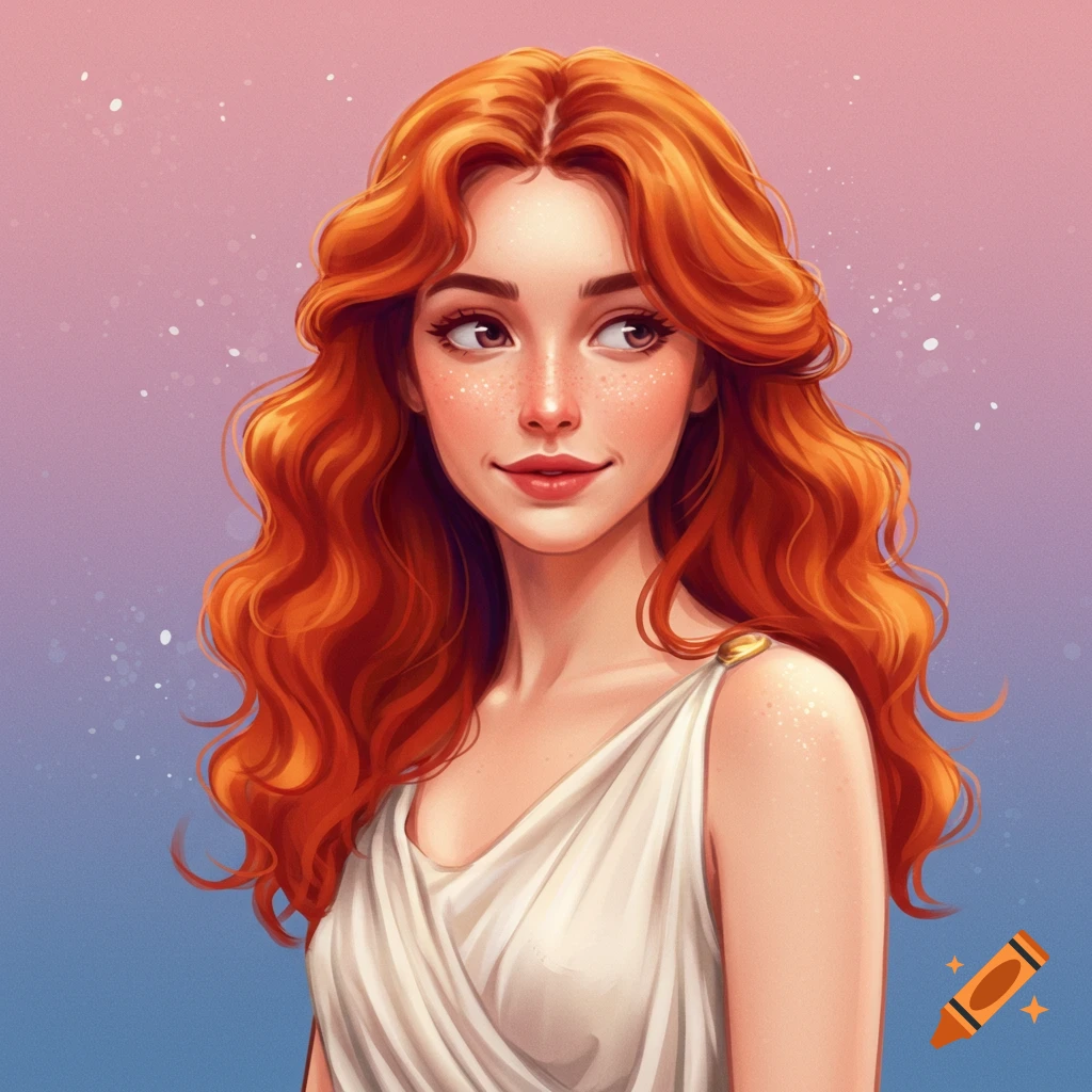 A stylized illustration of a red-haired woman with freckles wearing a white dress against a pink and blue gradient background.