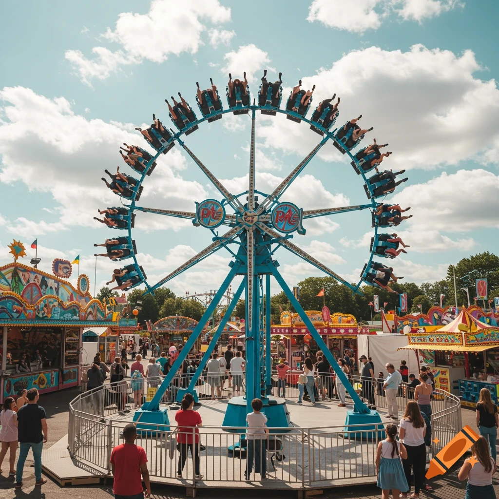 People riding a tall blue amusement park ride at a fairground on a cloudy day, with crowds below.