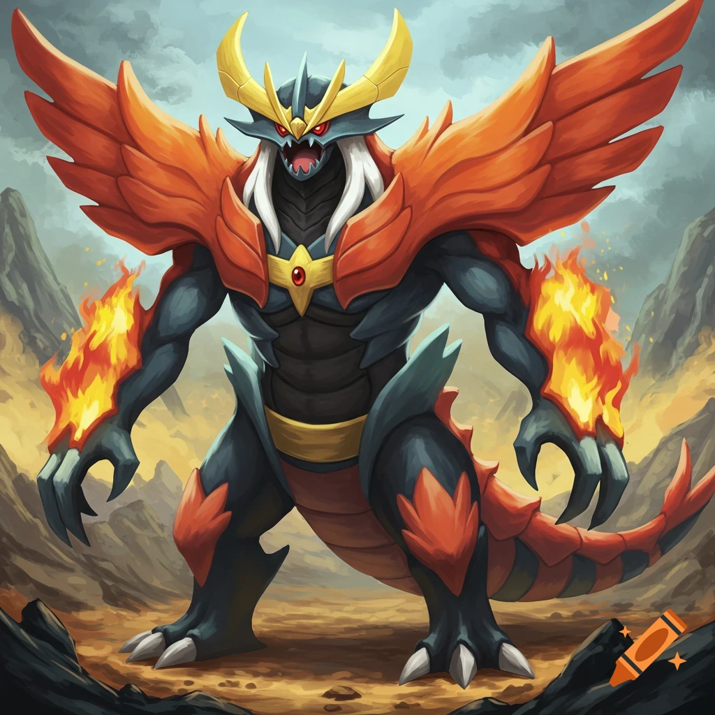 Concept art illustration of a powerful dragon-like creature with horns, orange wings, and fire on its arms in a rocky landscape.