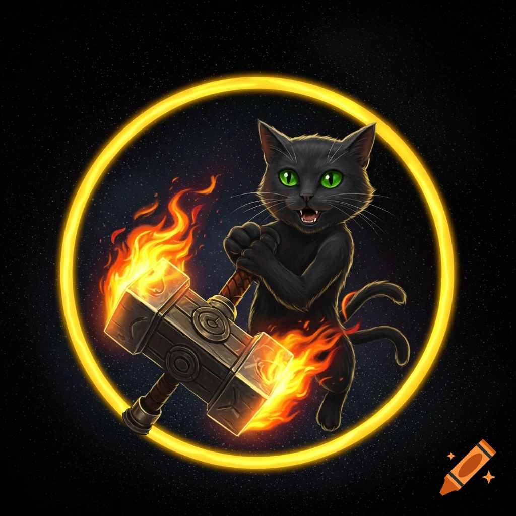 Illustration of a black cat holding a flaming hammer inside a yellow circle on a starry background.