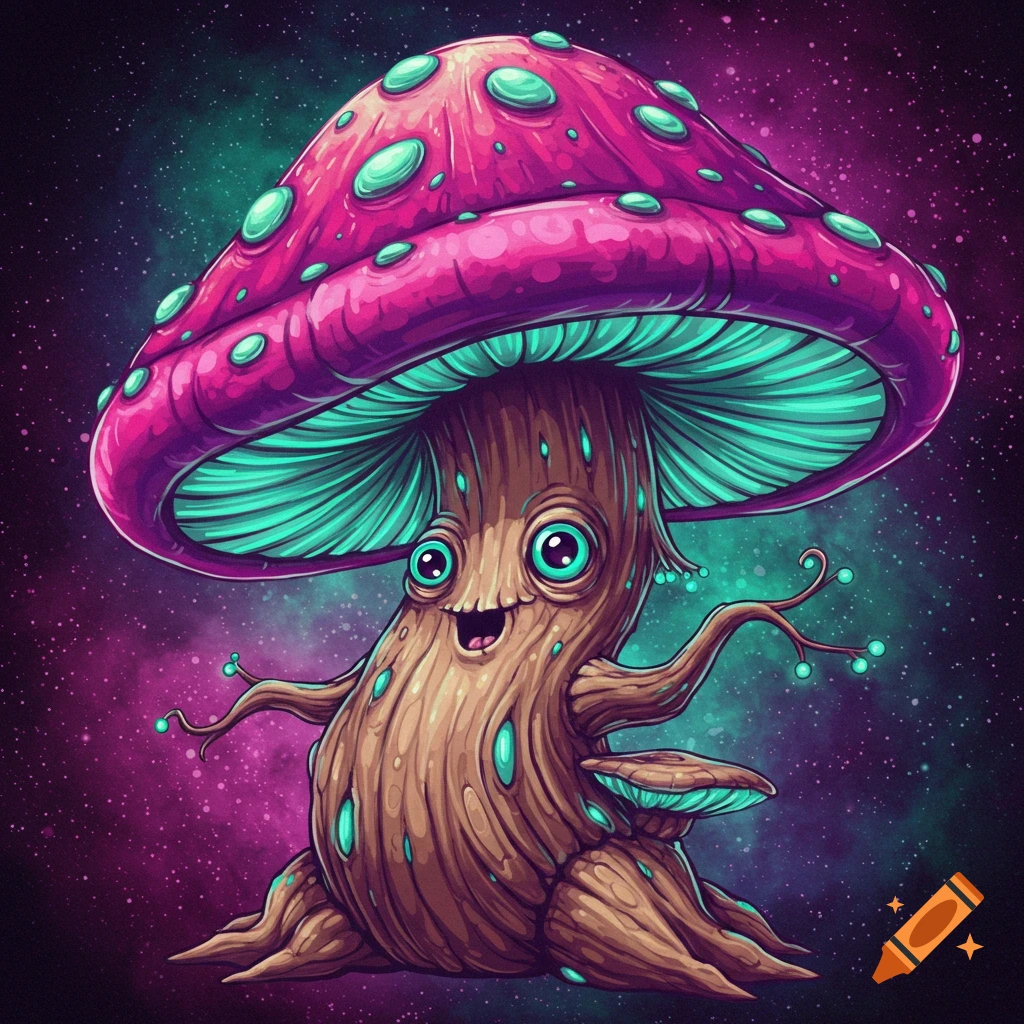 A psychedelic cartoon mushroom character with eyes and a mouth, standing in a starry cosmic background.