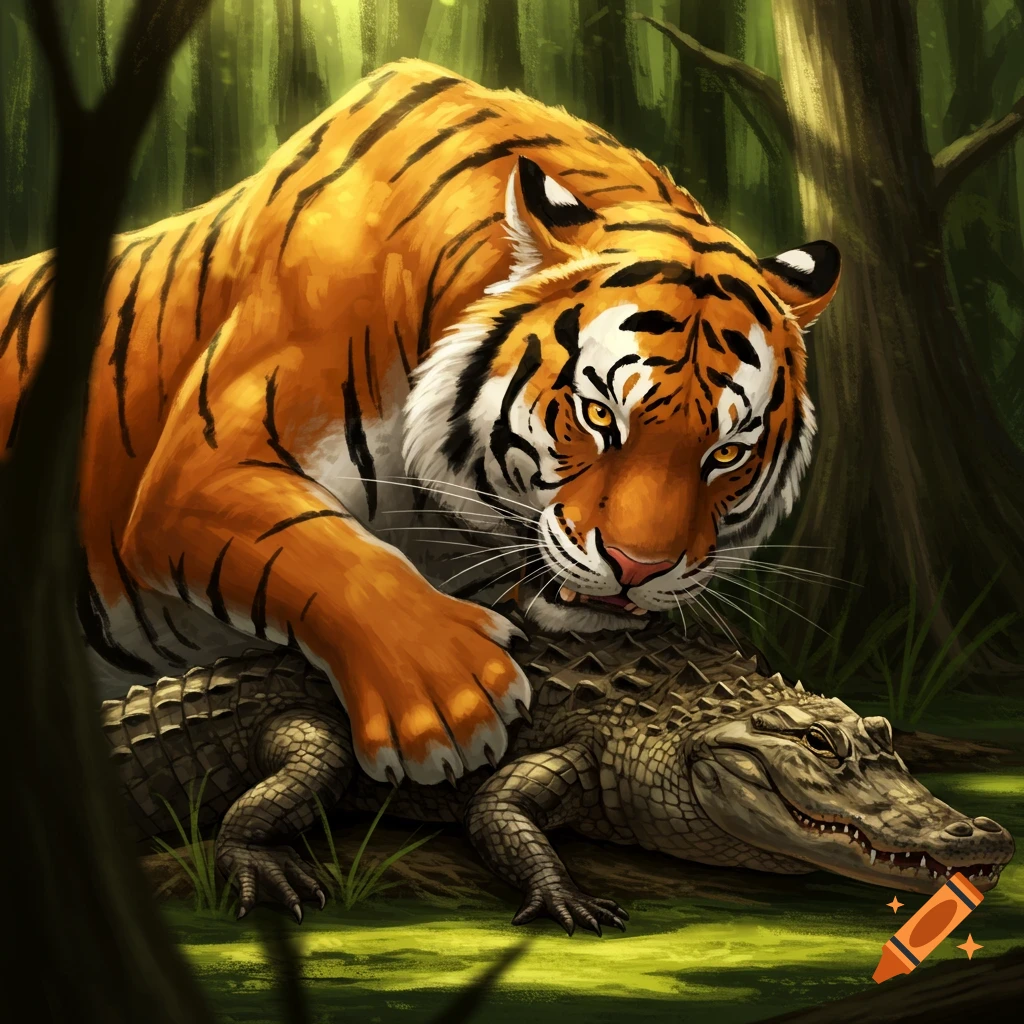A tiger puts its paw on an alligator in a jungle setting.