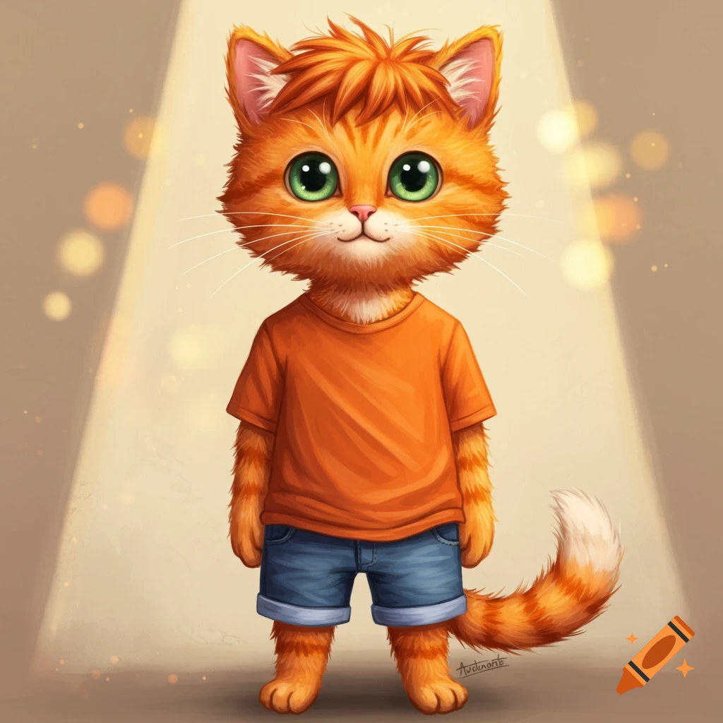 Cartoon orange tabby cat wearing orange t-shirt and blue shorts in a spotlight.