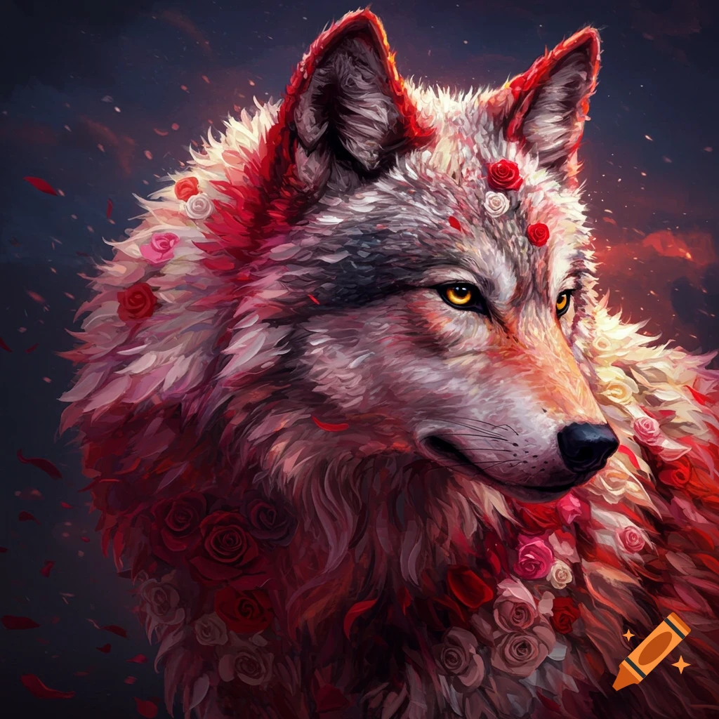 A wolf's head and shoulder profile made of red and pink roses against a dark background.