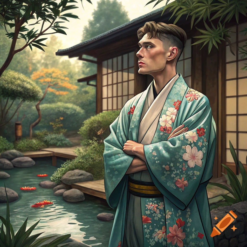 Man in blue floral yukata in Japanese garden beside pond.