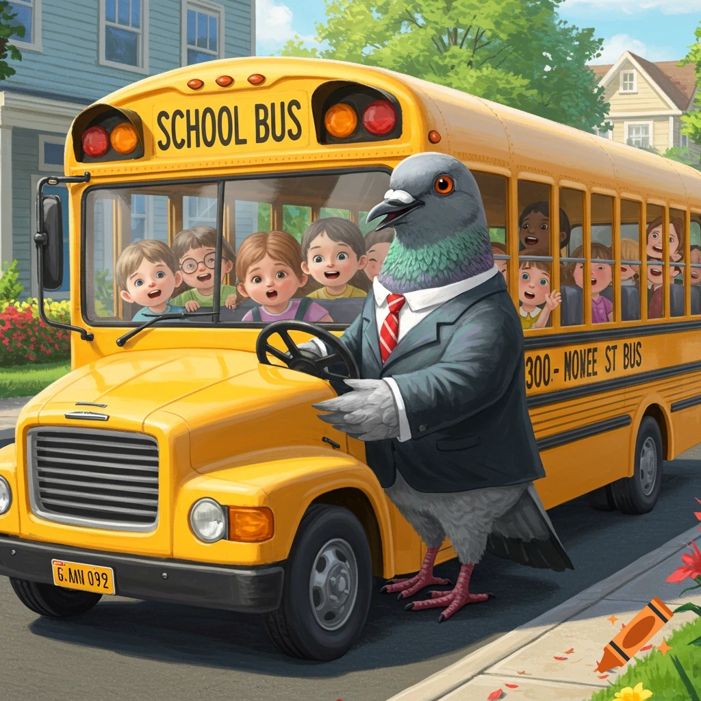 Cartoon illustration of a pigeon in a suit driving a school bus with children