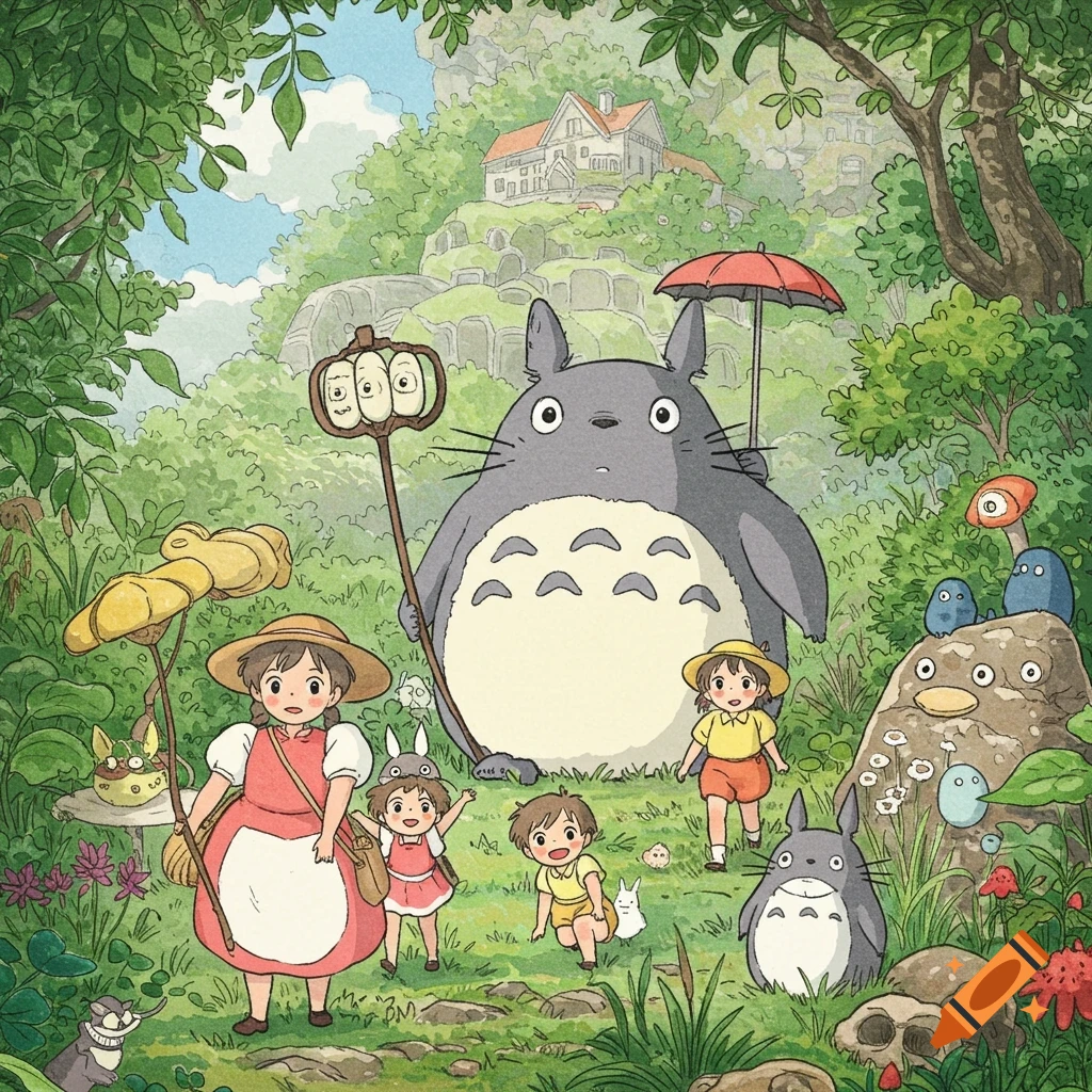 An illustration of Totoro, Satsuki, Mei, and other forest creatures in a lush forest with a house on a hill, in Studio Ghibli style.