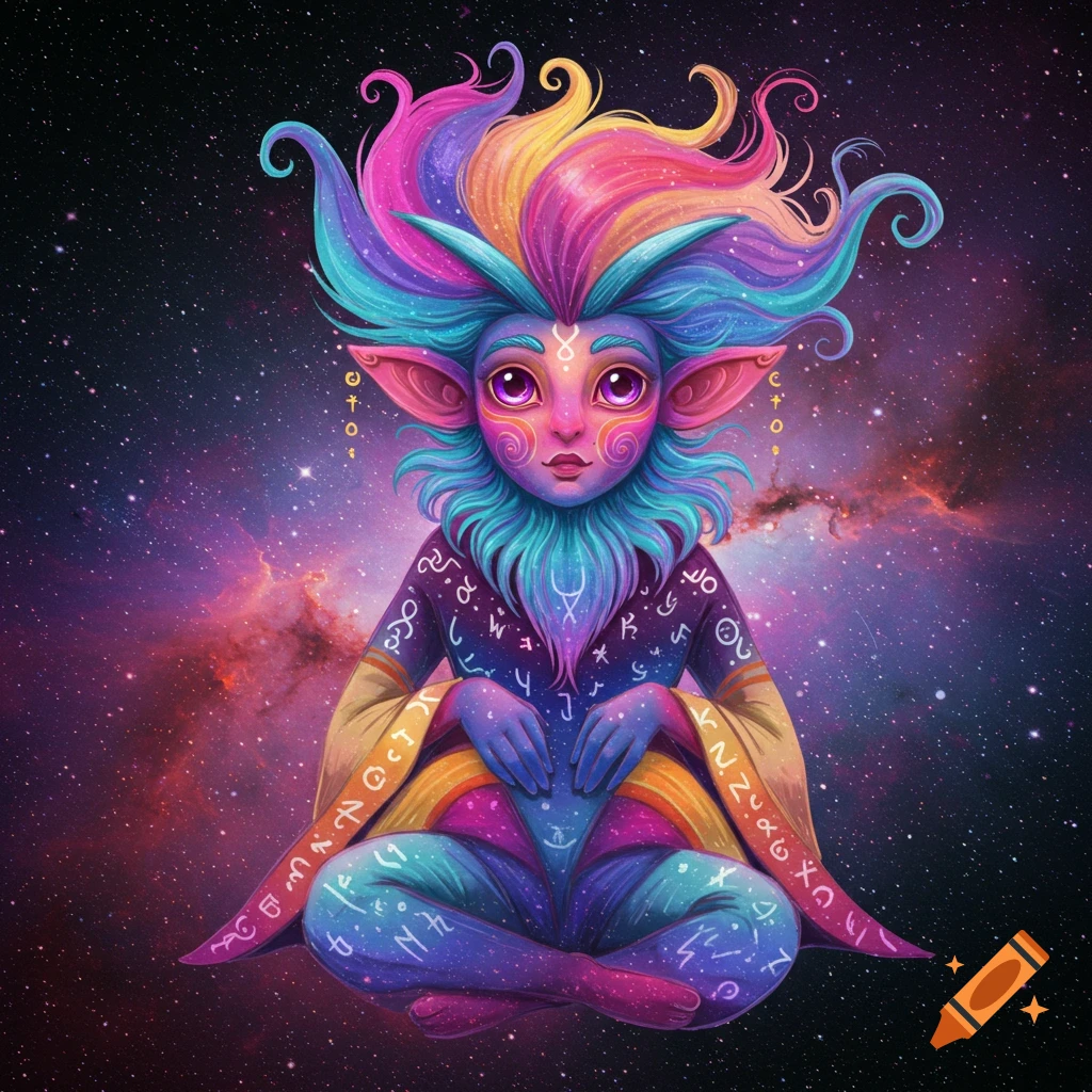 A colorful, fantastical creature with bright hair and symbols sits cross-legged in space.