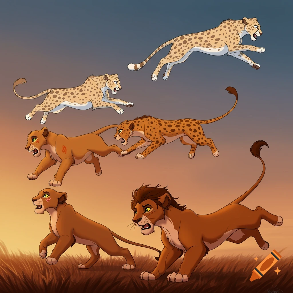 A stylized illustration of lions and cheetahs running across grass at sunset.