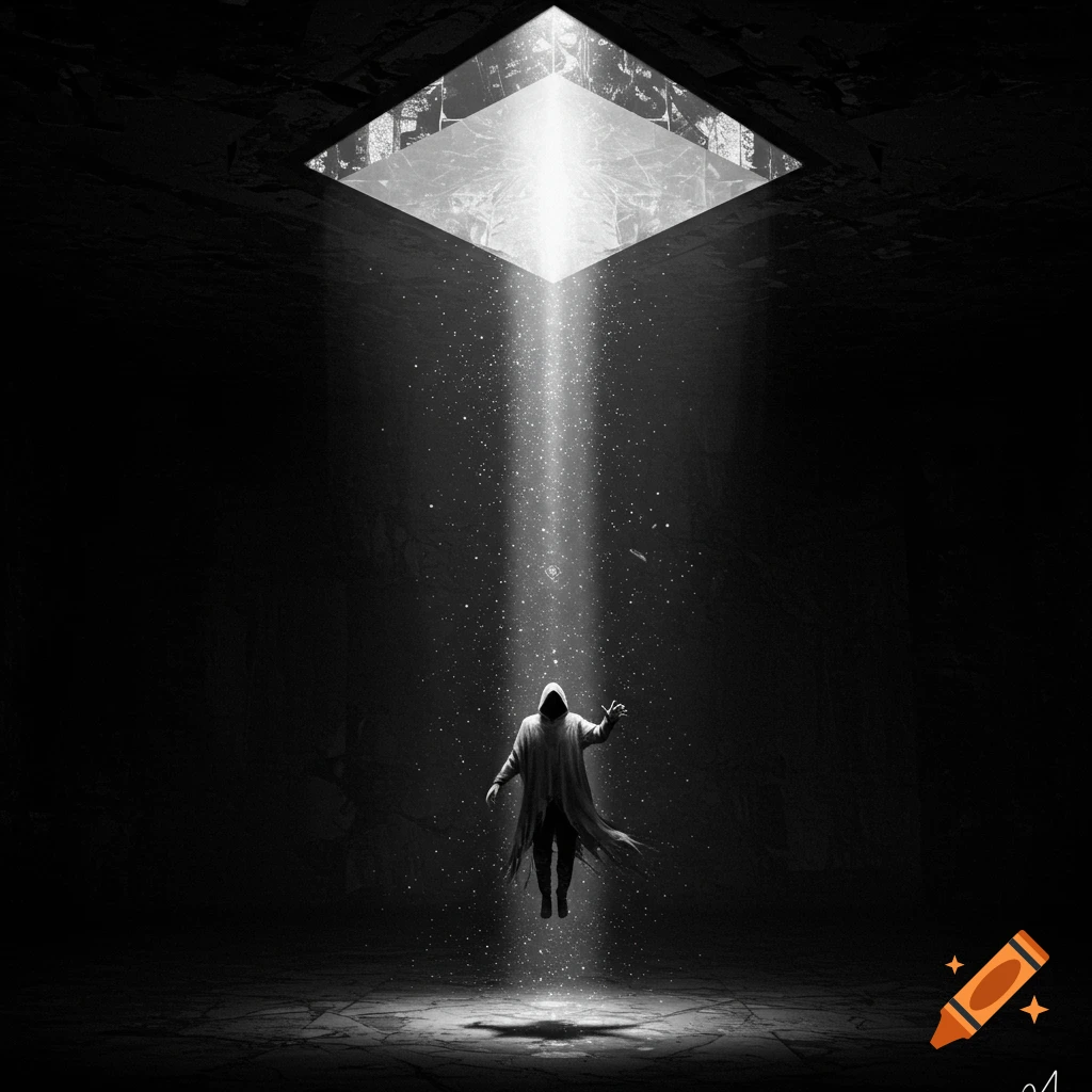 A hooded figure floats in a dark room, reaching towards a beam of light shining from a square opening in the ceiling.