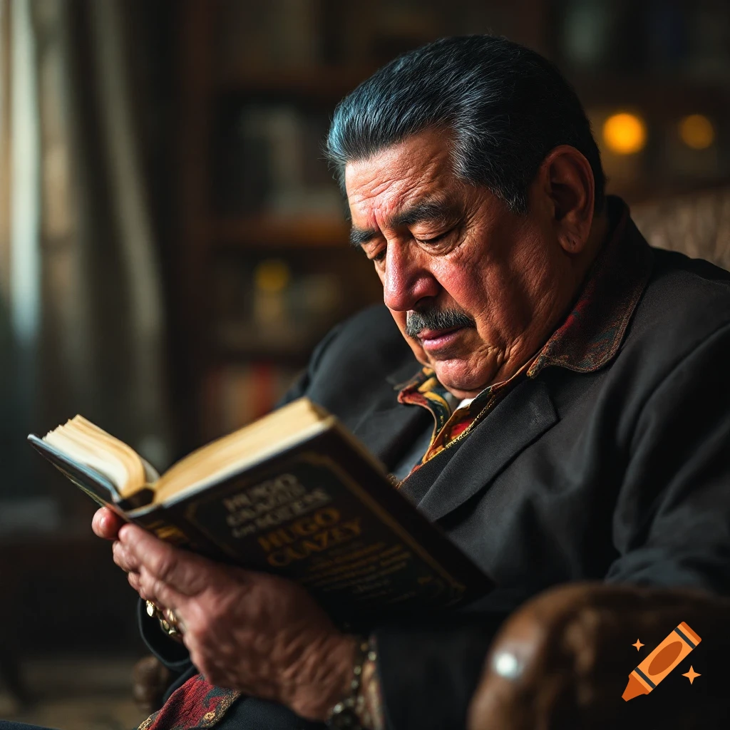 Older man with mustache reading a book in a study