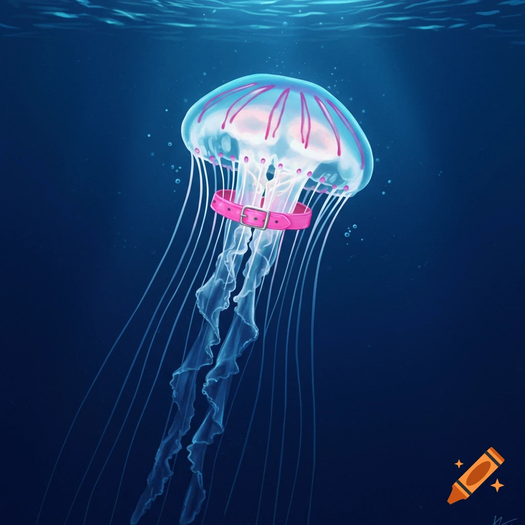A jellyfish swims underwater wearing a pink collar.