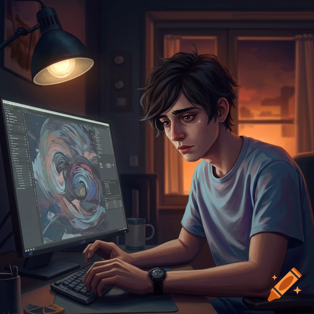 An illustration of a sad young artist staring at a computer screen displaying abstract digital art.