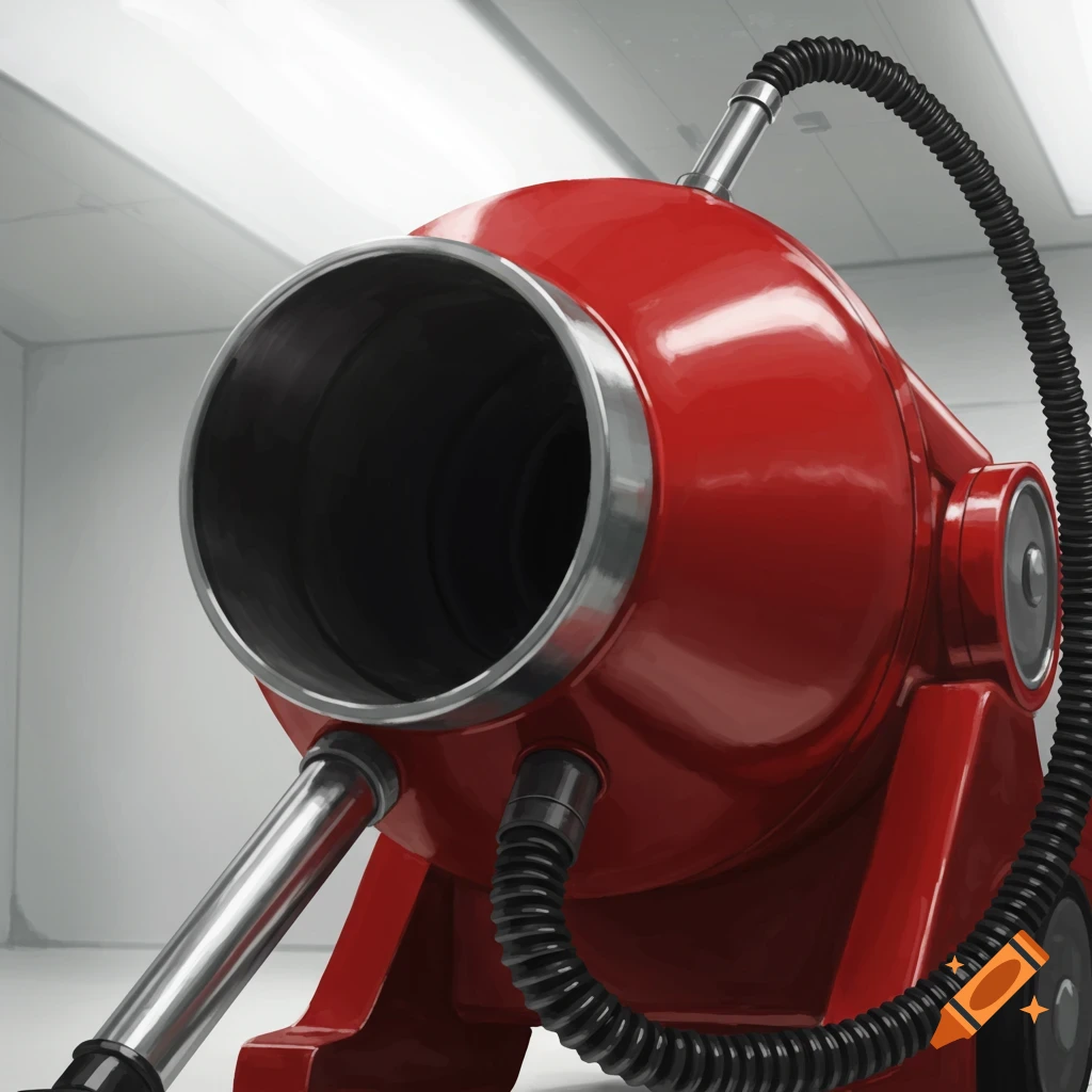 A close-up view of a large red industrial vacuum cleaner with a gaping chrome nozzle and black hose.