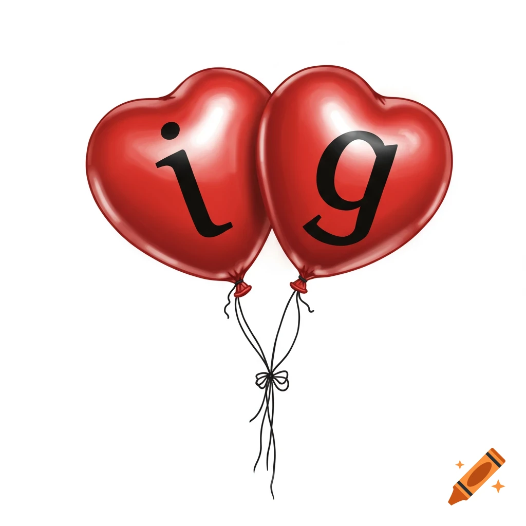 Two red heart-shaped balloons, one with a black 'i', the other with a black 'g', tied together.