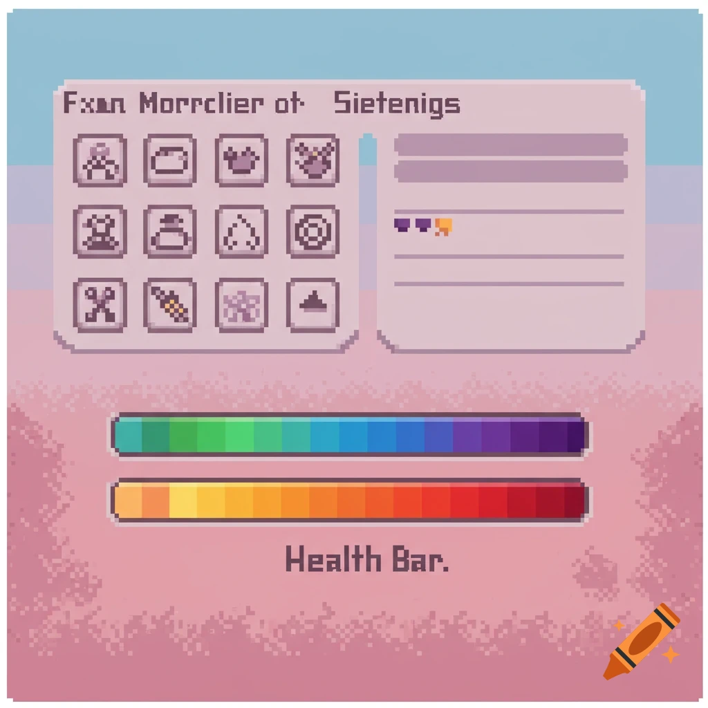 Pixel art user interface with icons, a health bar, and text.